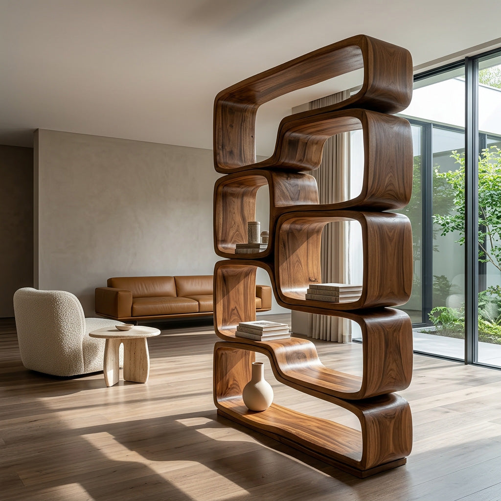 Contemporary Sculptural Natural Wood Bookshelf For Living Room