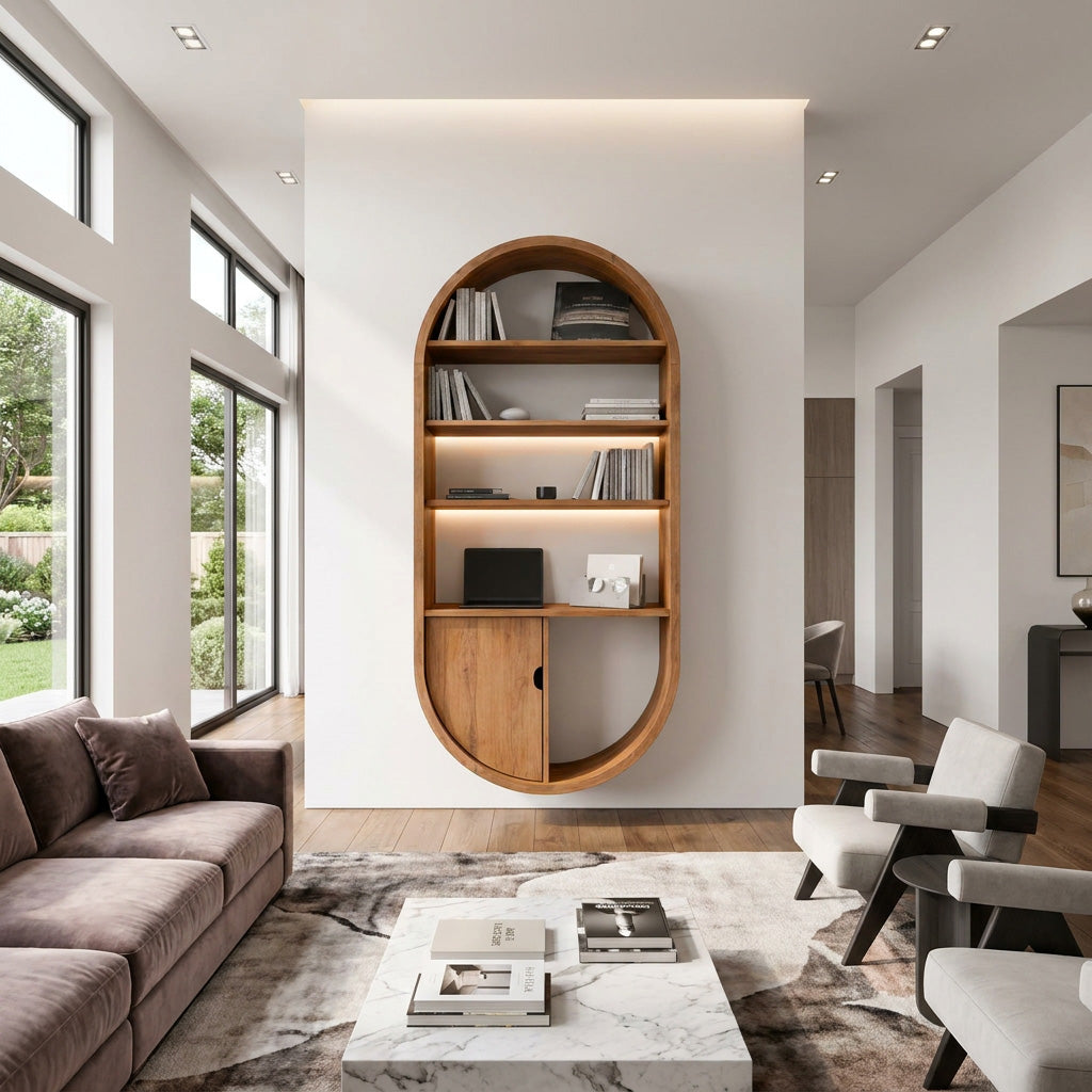 Arched Wooden Wall Bookshelf With Storage For Living Room