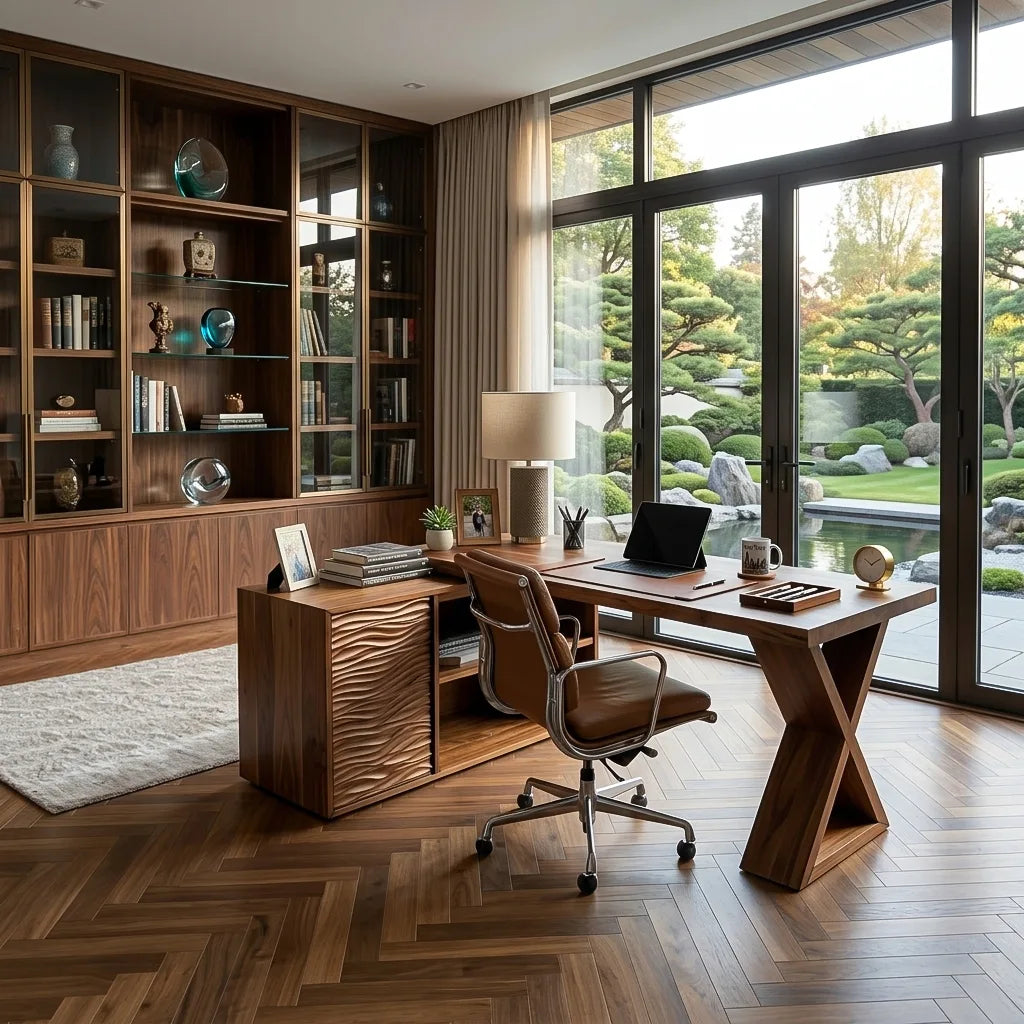 Contemporary L Shaped Desk With Wave Carved Cabinet For Home Office