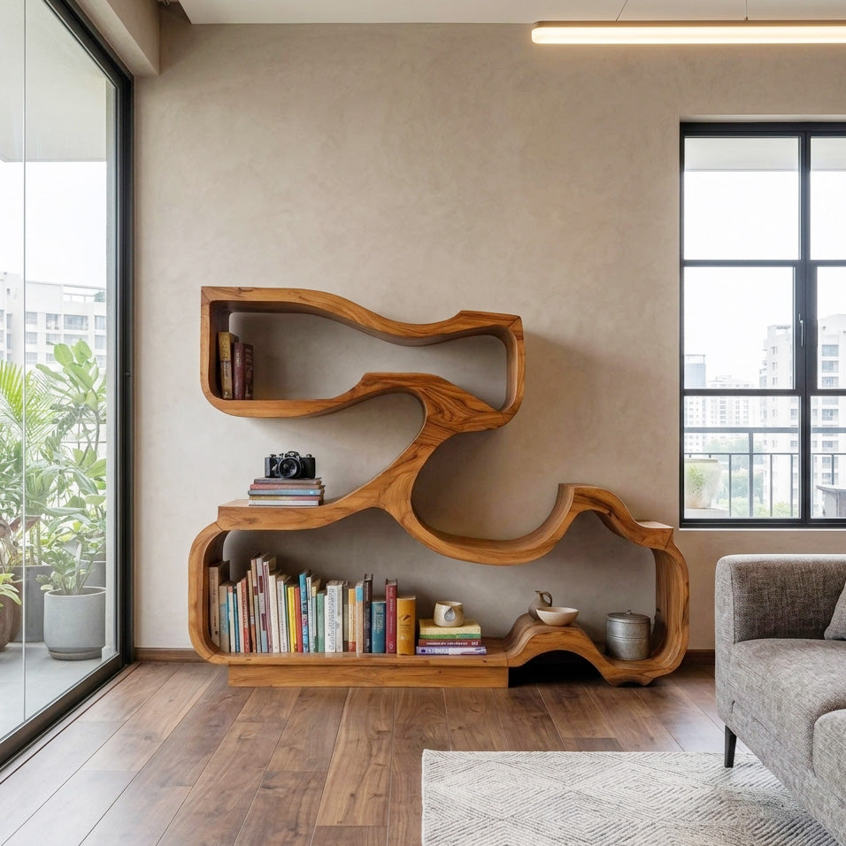 Artistic Bookshelf With Flowing Design For Living Room