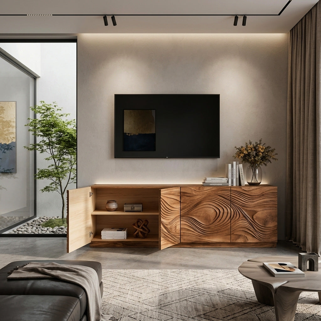 Artistic TV Console With Wave Pattern For Elegant Living Room