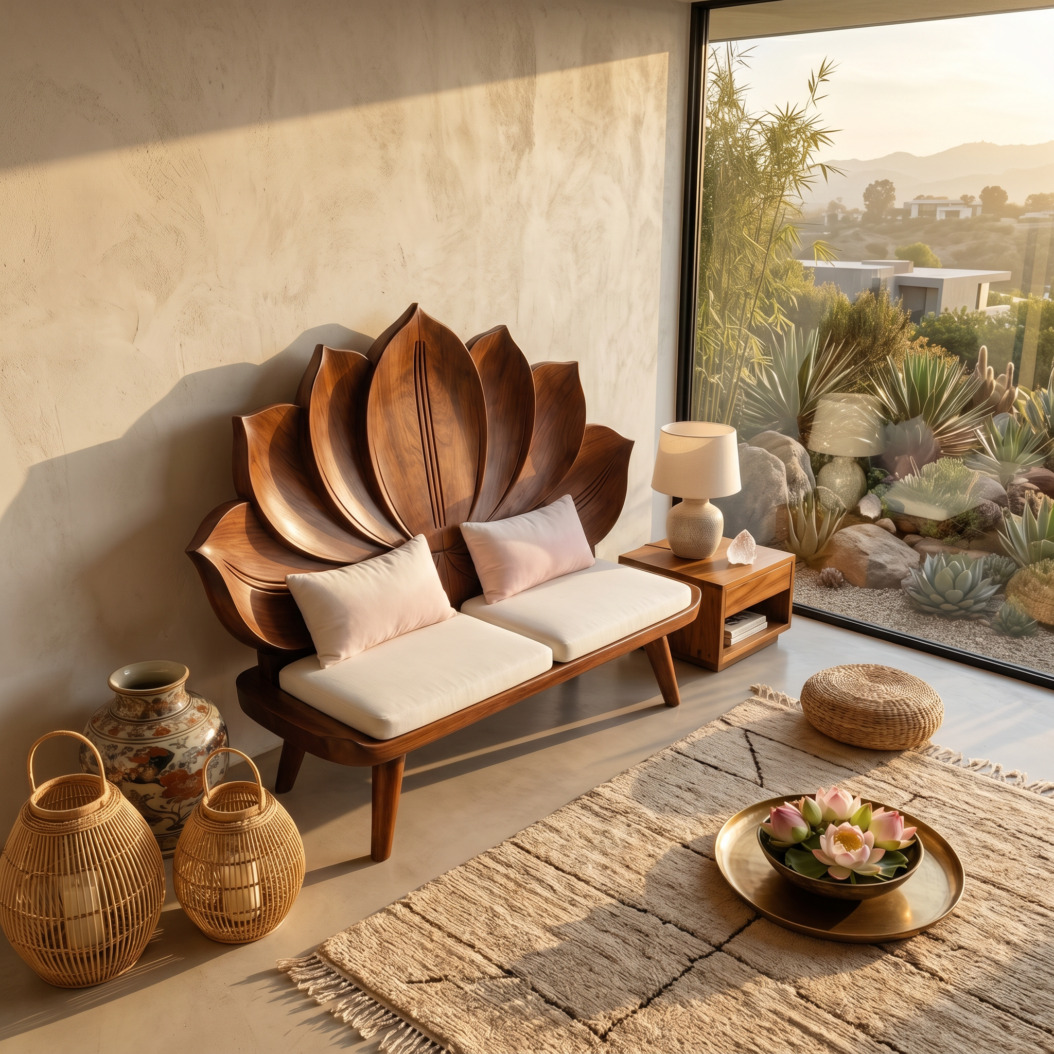 Contemporary Lotus Flower Back Bench For Bedroom Interior Space