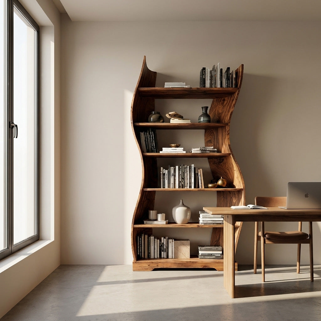 Contemporary Flowing Wooden Bookshelf For Living Room