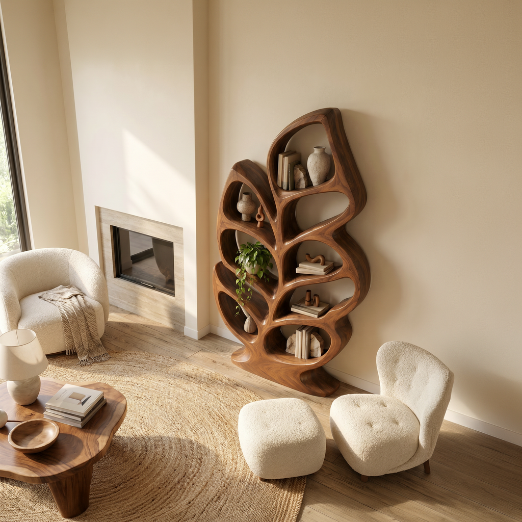 Contemporary Sculptural Bookcase For Stylish Entryway Interior