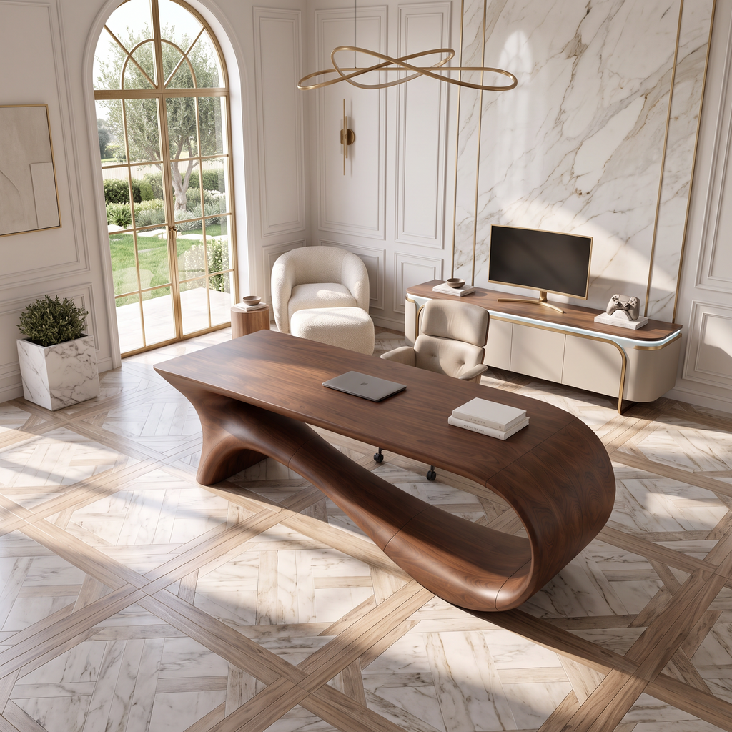 Contemporary Office Desk With Asymmetrical Curved Legs For Workspace - view 2