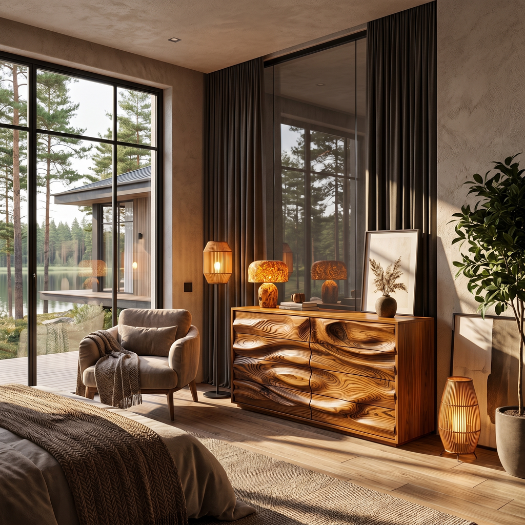 Contemporary Wooden Dresser With Sculpted Ripple Drawers For Bedroom