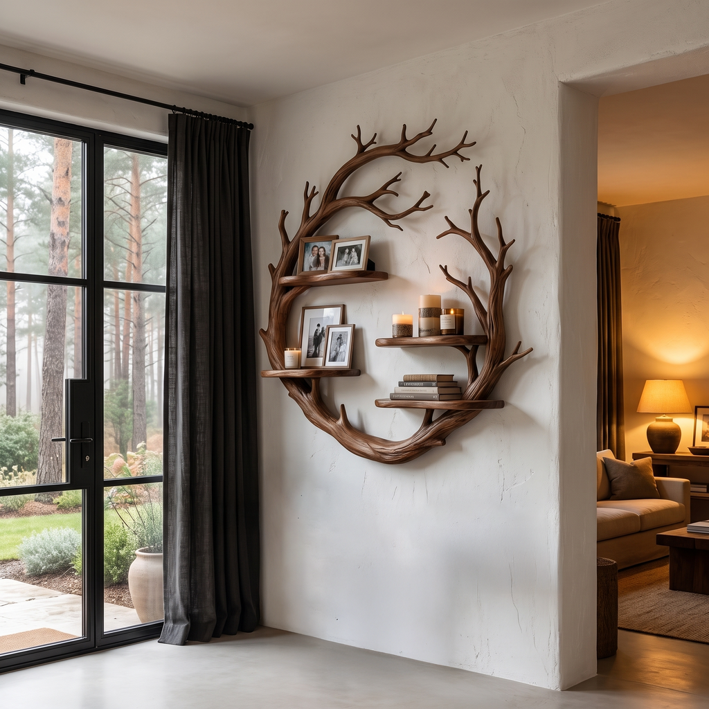Contemporary Floating Shelf With Tree Branch Display Design For Living Room And Hallway - view 2