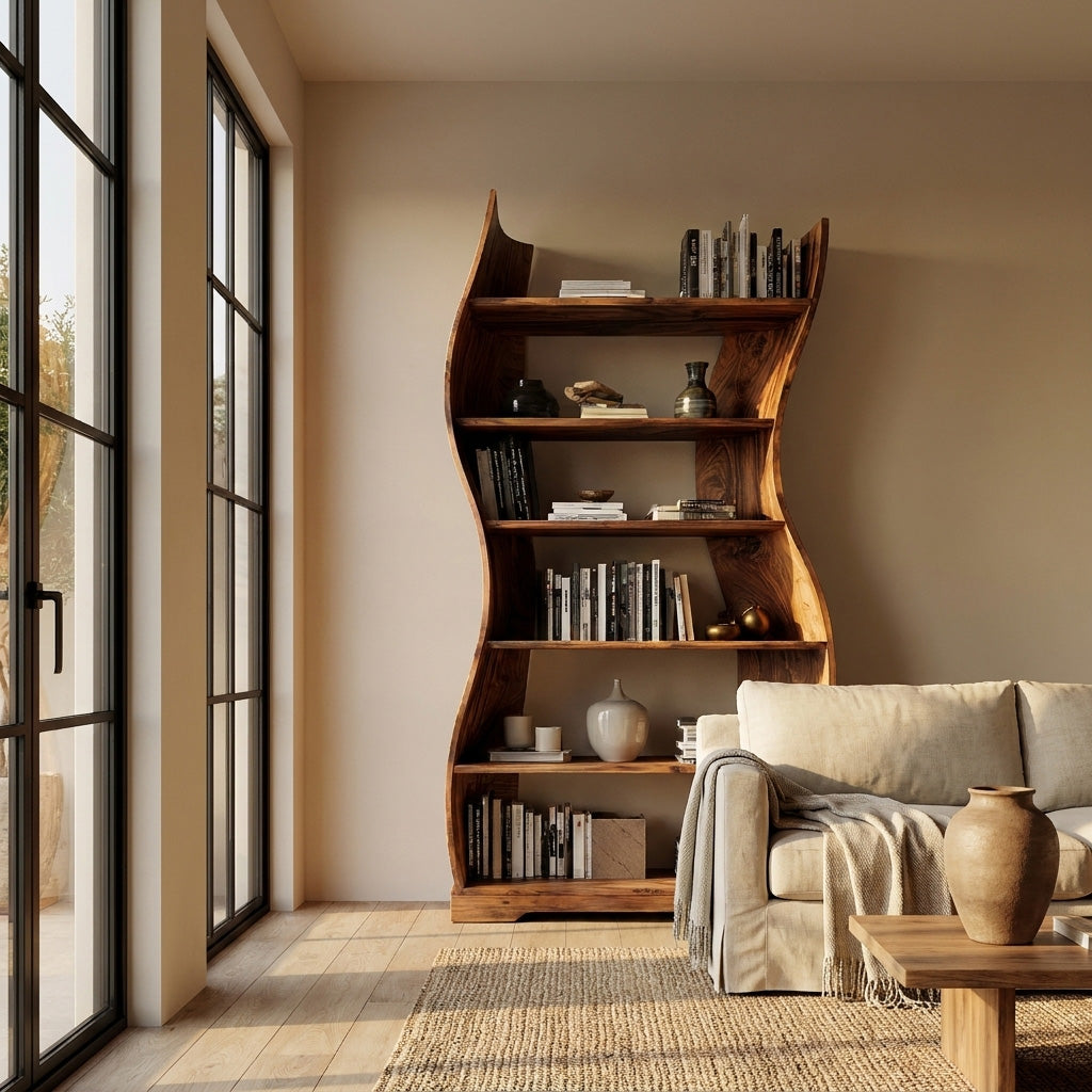 Contemporary Flowing Wooden Bookshelf For Living Room