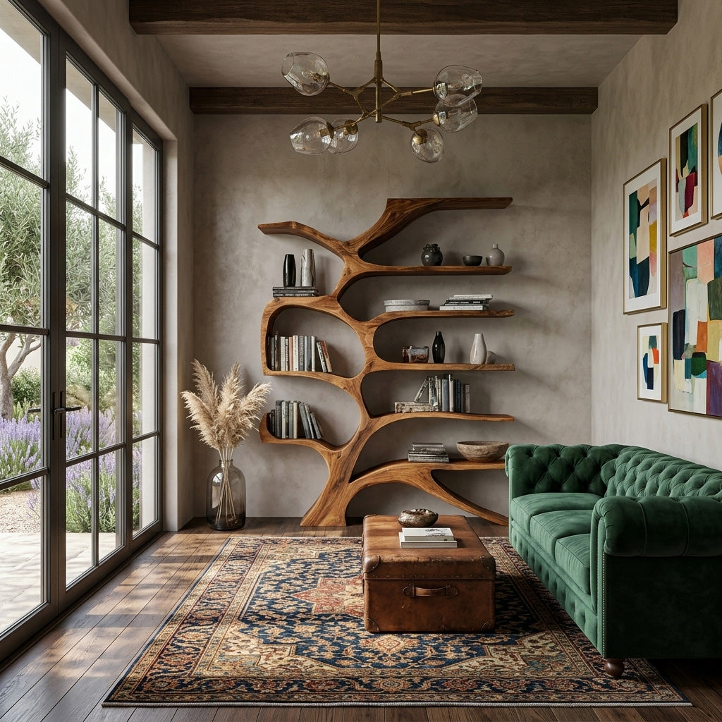 Contemporary Sculpted Wooden Bookshelf For Living Room Decor