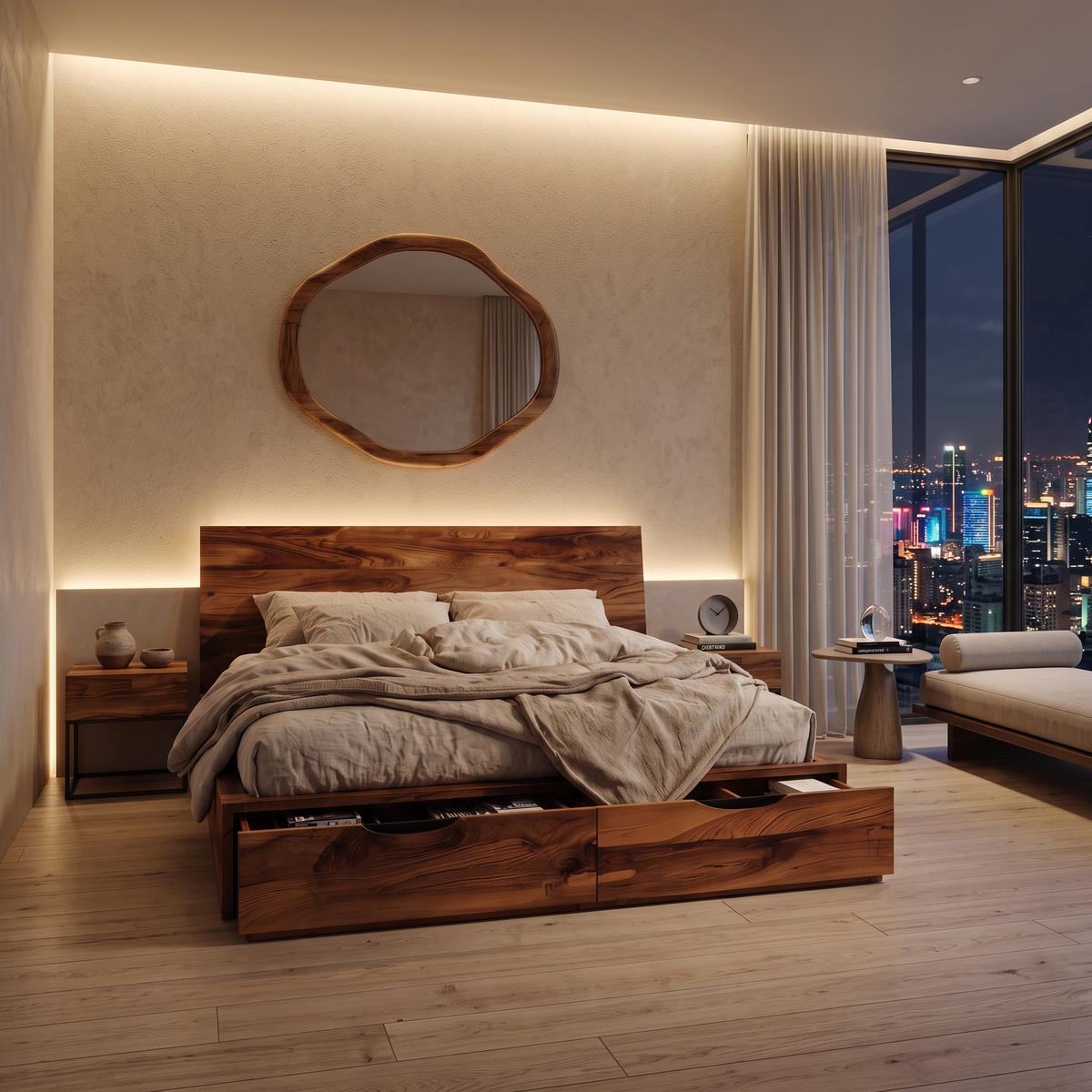 Contemporary Bed And Built-In Drawers For Bedroom