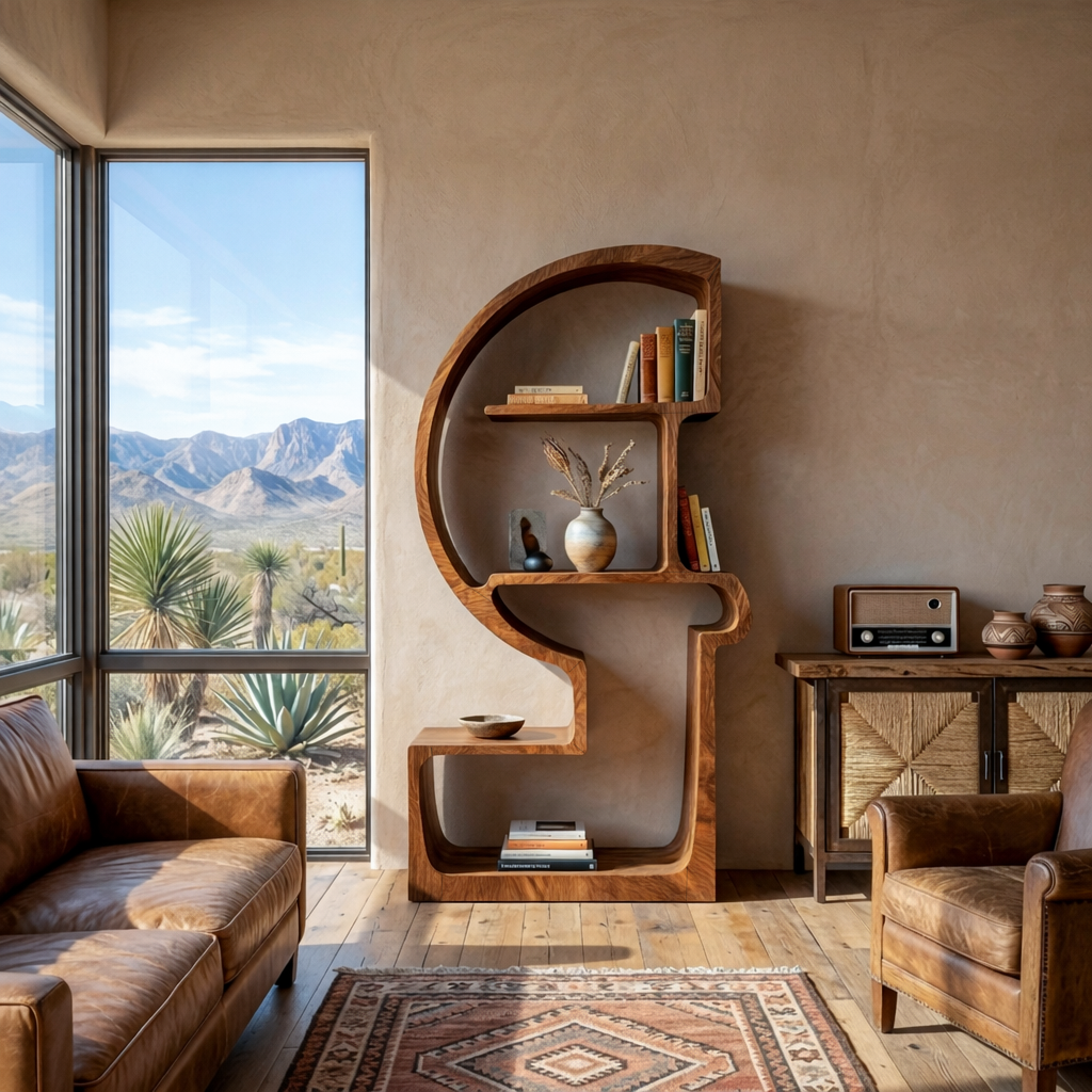 Artistic Wooden Bookshelf With Unique Curved Structure For Home