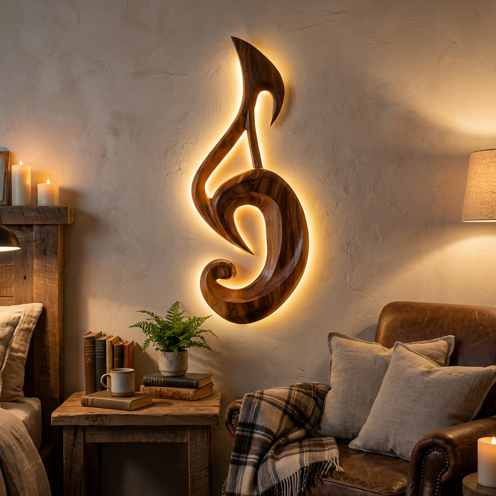 Artistic Wood Wall Art With Carving Musical Notes For Bedroom