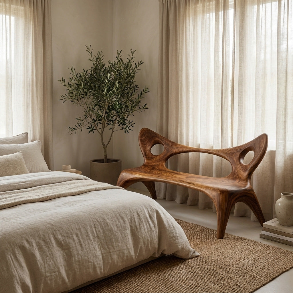 Artistic Wood Bench With Sculptural Backrest For Living Room