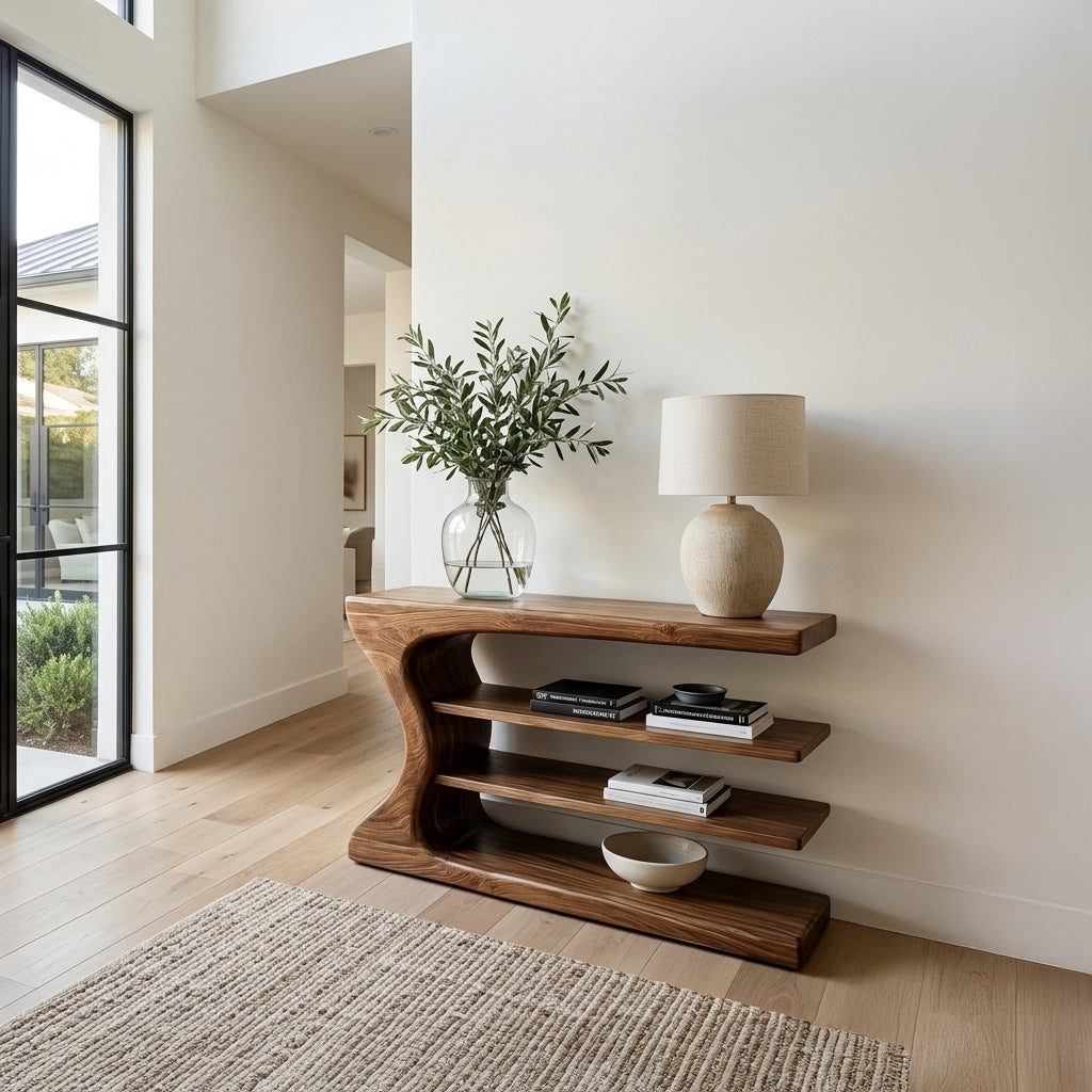 Artistic Natural Wood Console Table For Minimal Entry Interior