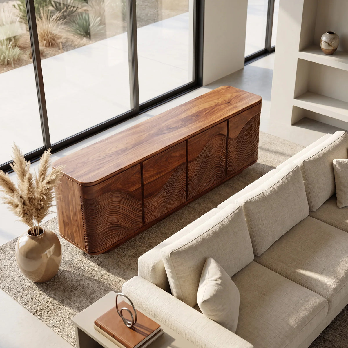 Contemporary Flowing Wave Carved Sideboard For Living Room