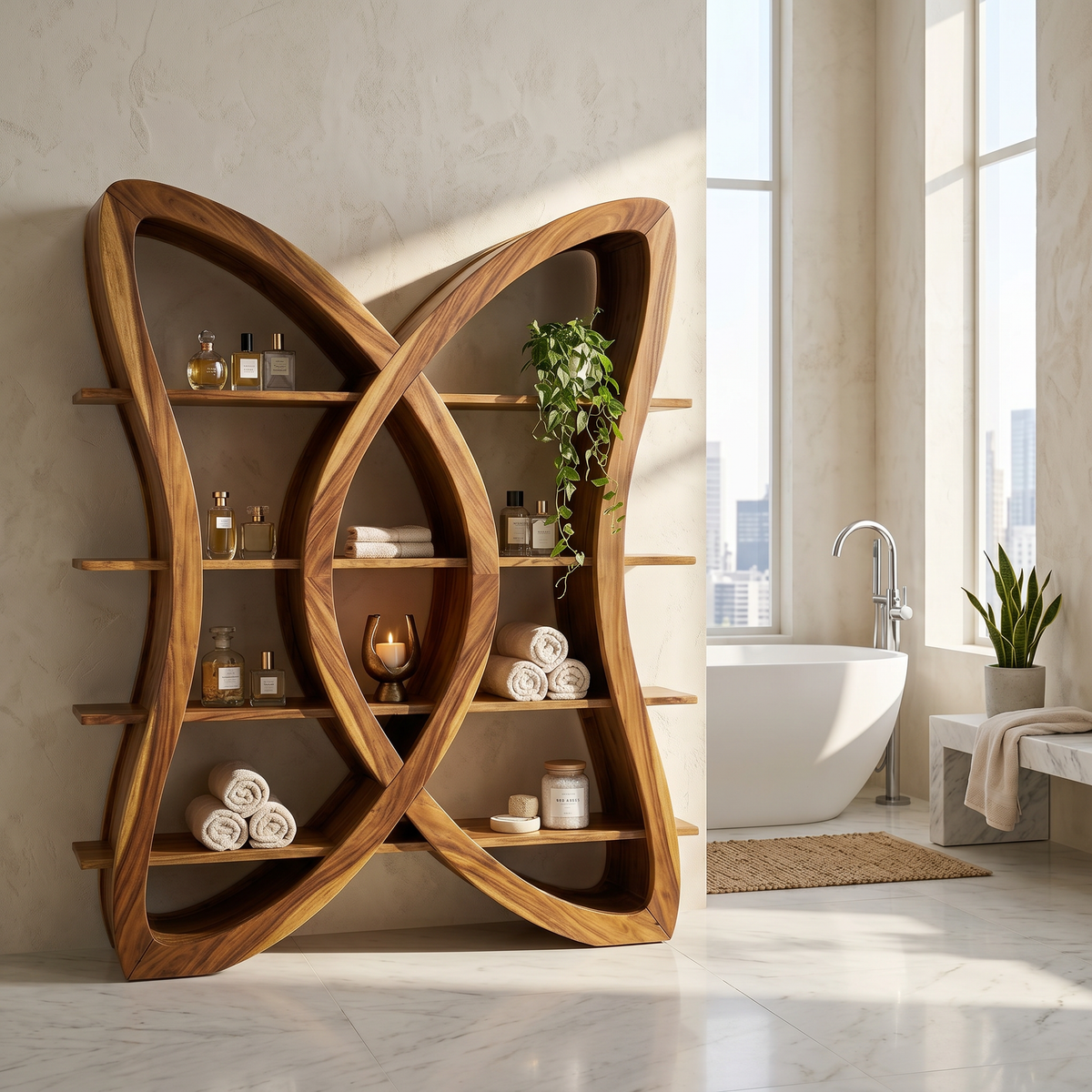 Butterfly Inspired Wooden Bookcase In Organic Style