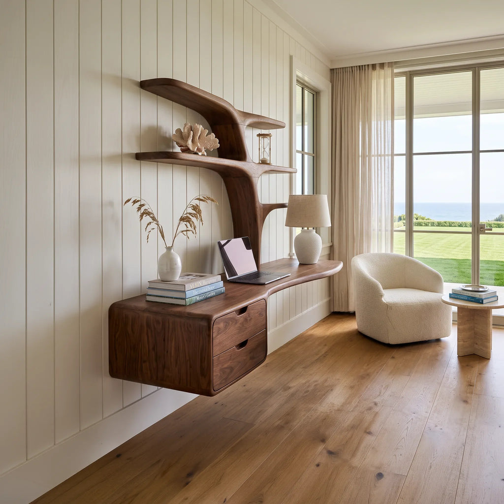 Contemporary Floating Desk Tree Form Bookshelf And Drawer For Workspace