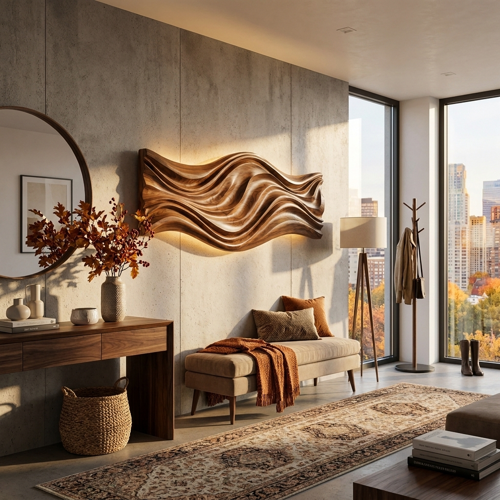 Artistic Wood Wall Art With Carved Wavy For Family Room
