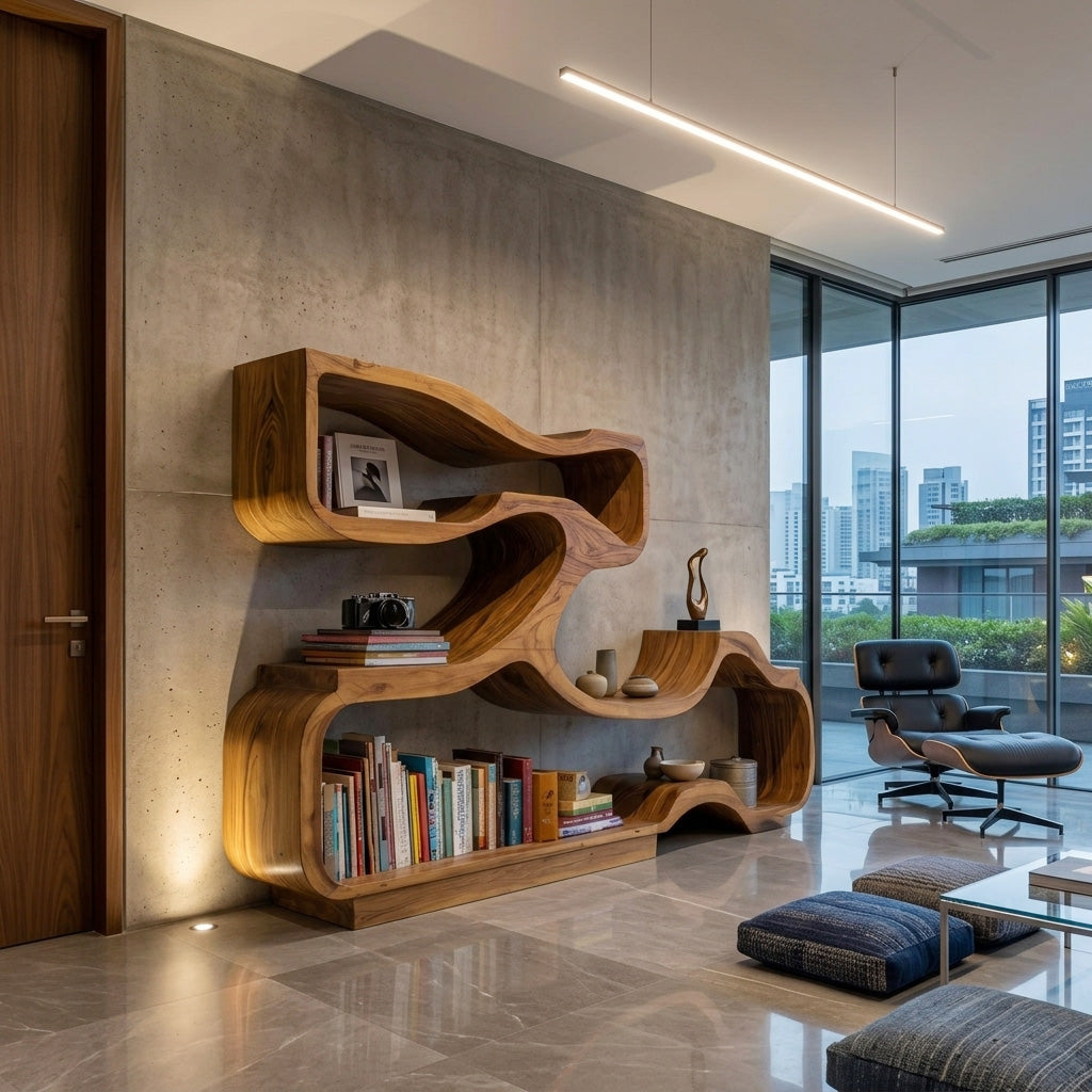 Artistic Bookshelf With Flowing Design For Living Room