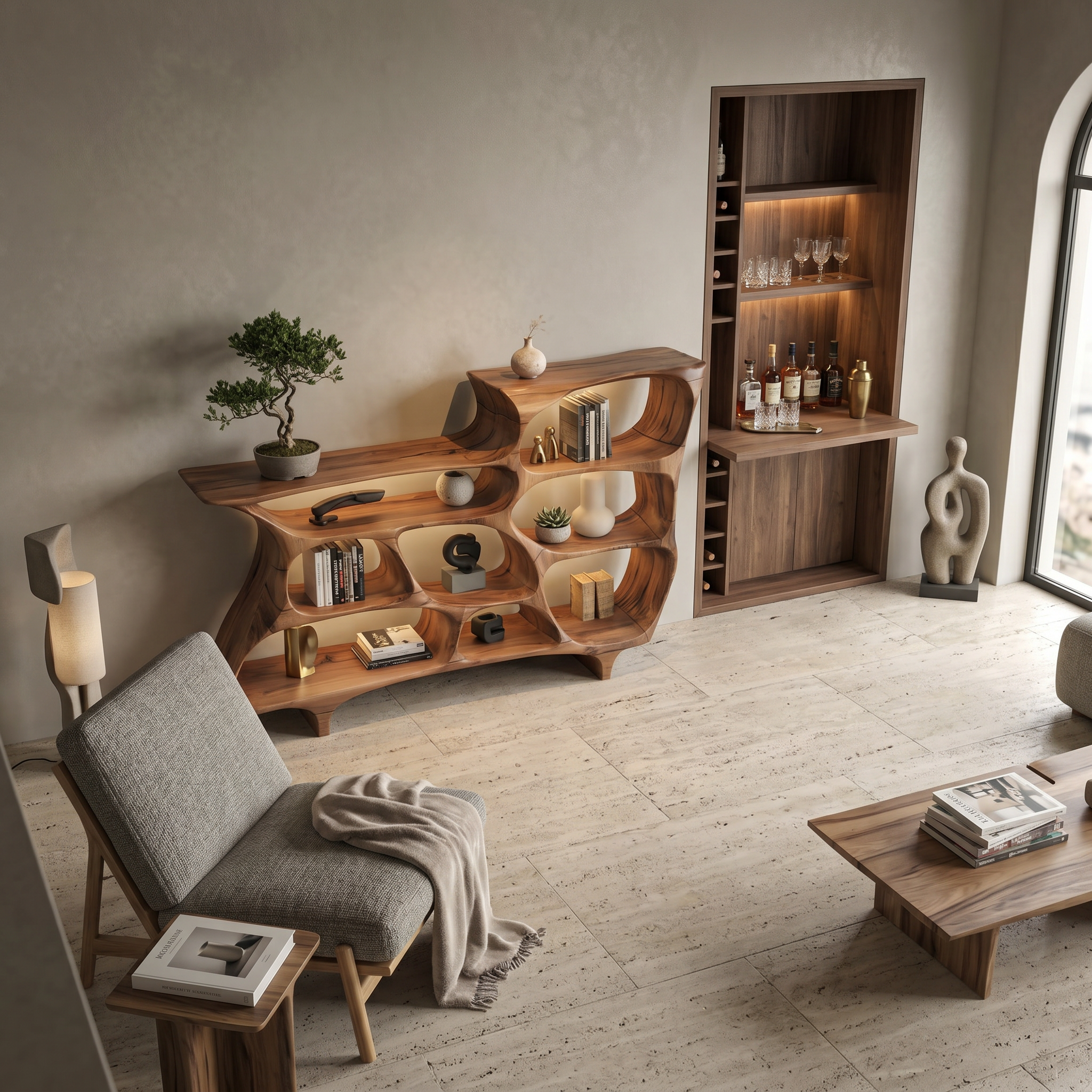 Contemporary Organic Bookshelf With Open Shelves For Living Room Or Office