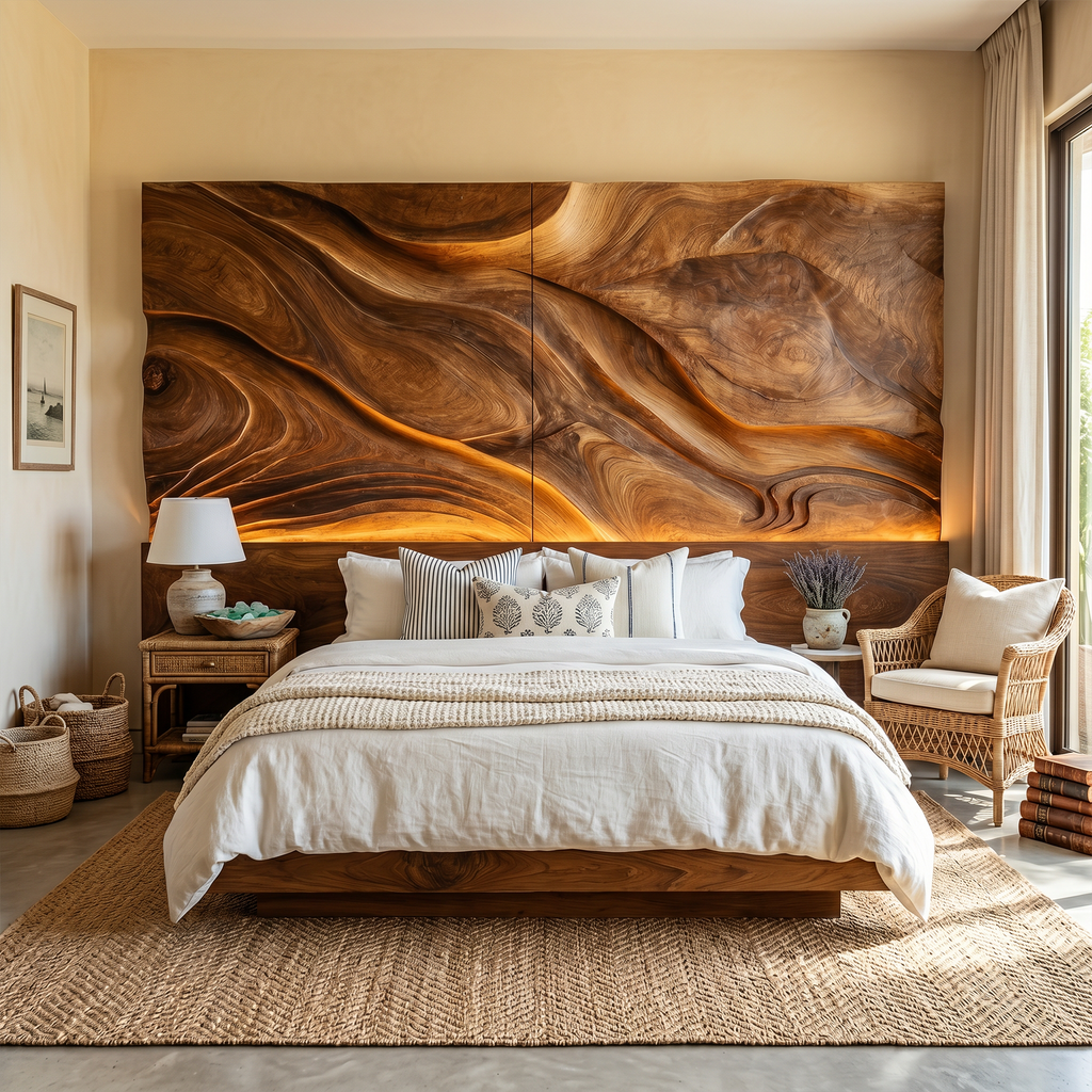 Abstract Flowing Wood Headboard For Luxury Coastal Villa Bedroom