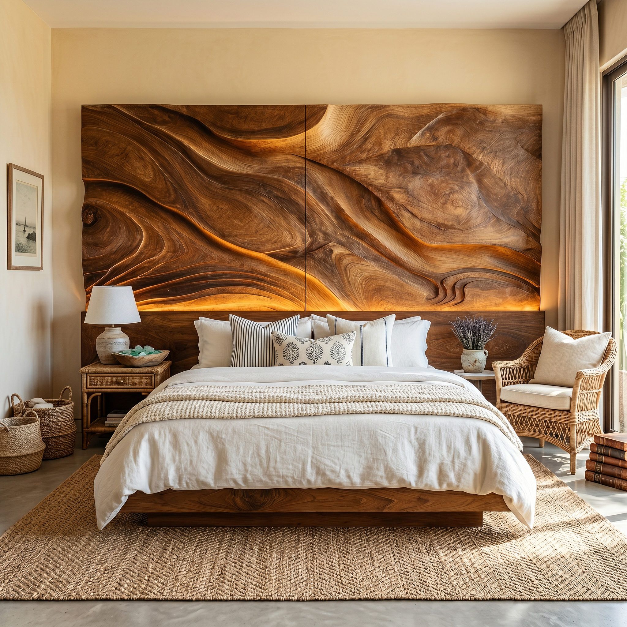 Abstract Flowing Wood Headboard For Luxury Coastal Villa Bedroom
