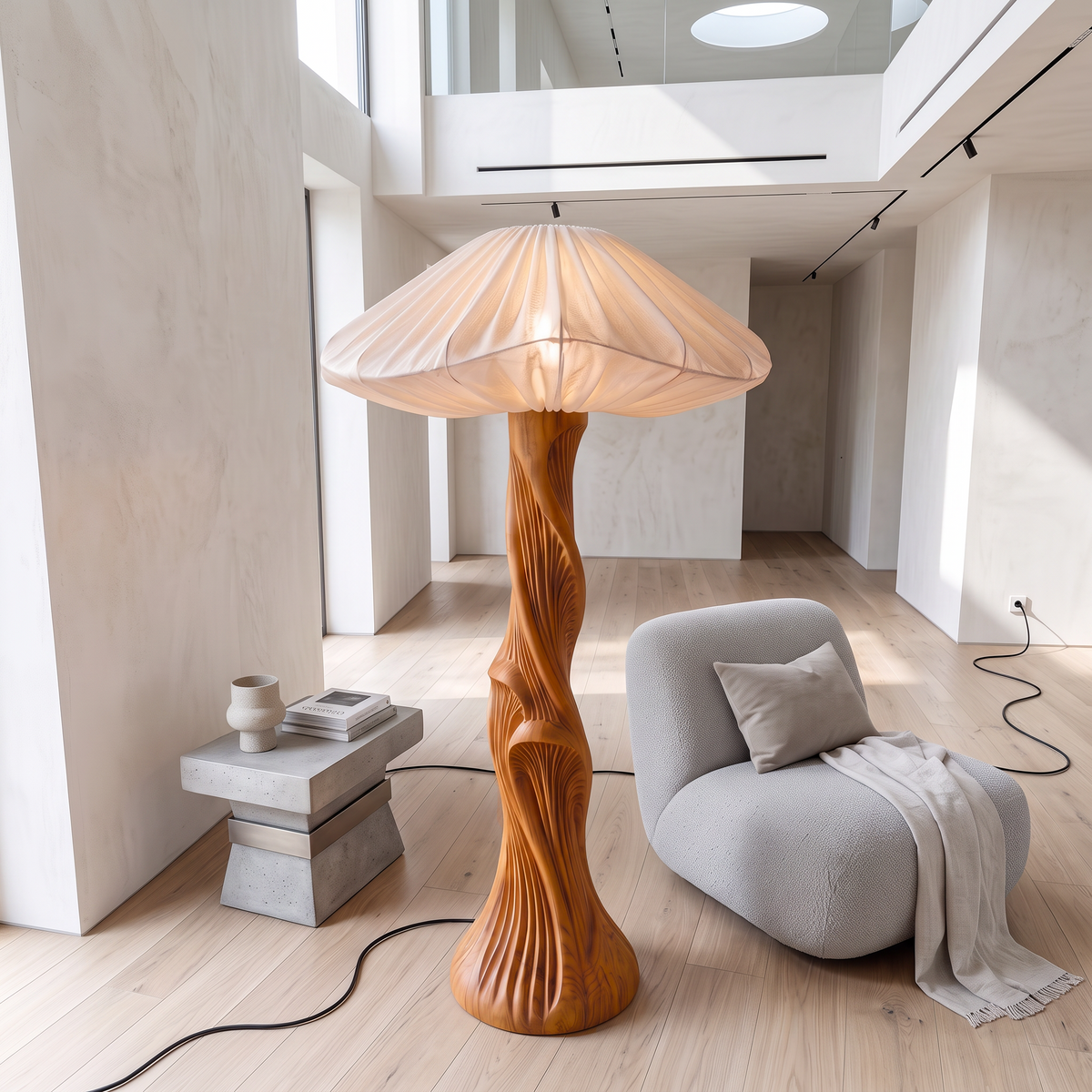 Contemporary Floor Lamp Carved Wood Mushroom Shade Pedestal Lounge - view 2