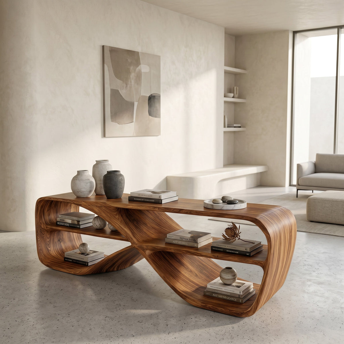 Contemporary Sculptural Natural Wood Console Table For Living Room