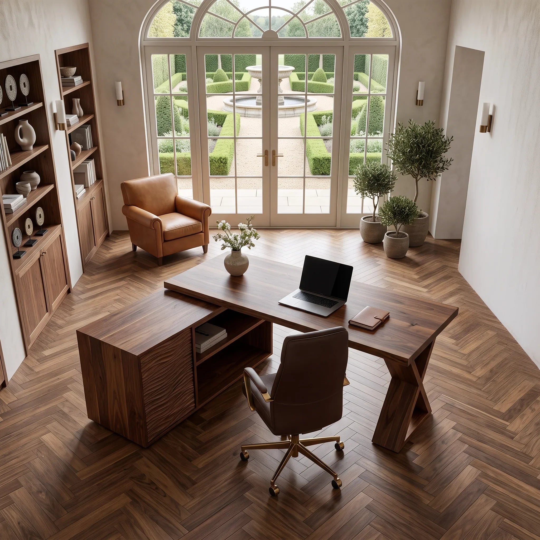 Contemporary L Shaped Desk With Wave Carved Cabinet For Home Office