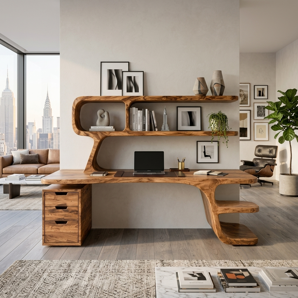 Contemporary Desk With Built In Bookshelves And Drawers For Workspace