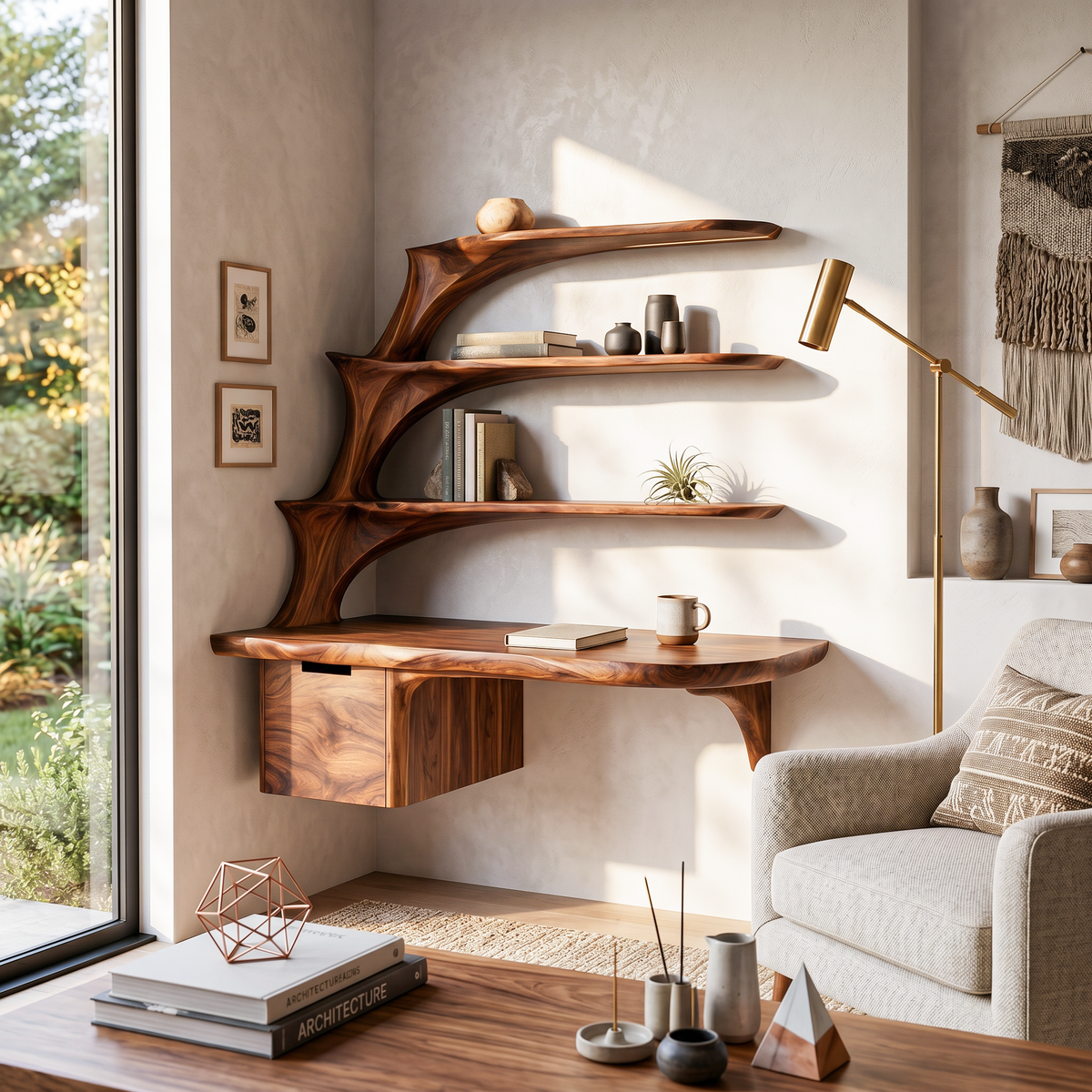 Contemporary Floating Desk With Display Shelves And Drawers For Workspace