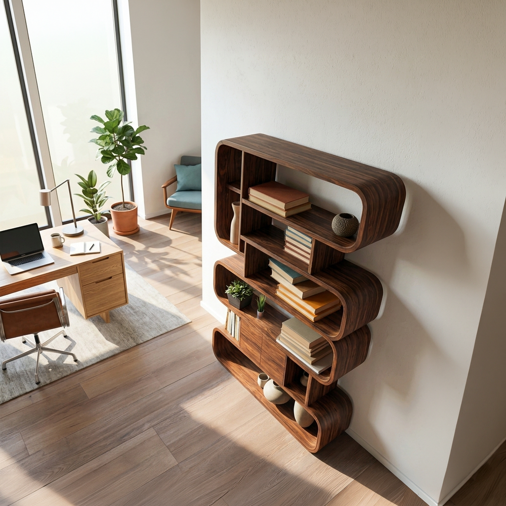 Contemporary Natural Wood Bookshelf With Rounded Form For Home