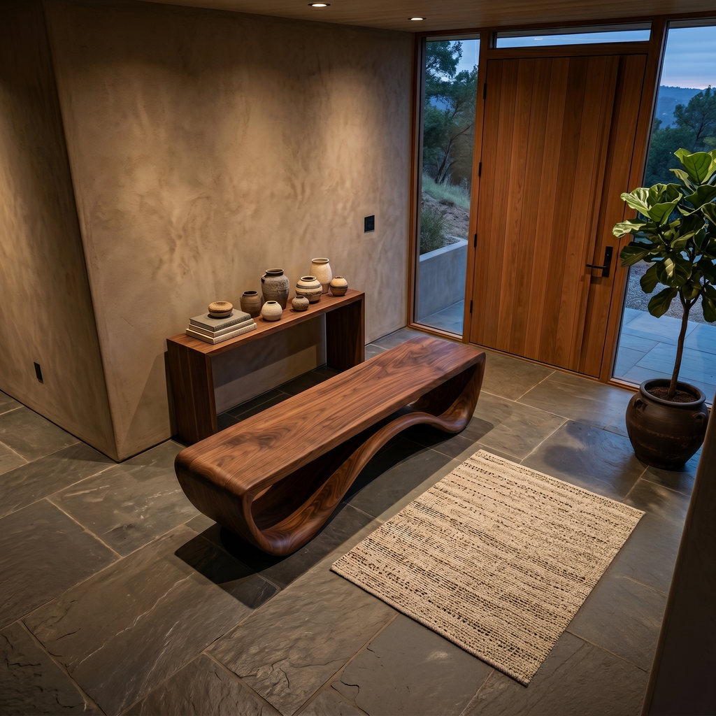 Artistic Wooden Bench With Unique Flowing Base For Modern Home