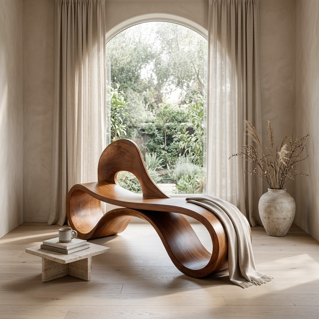 Artistic Wooden Bench With Flowing Sculpture For Luxury Interior