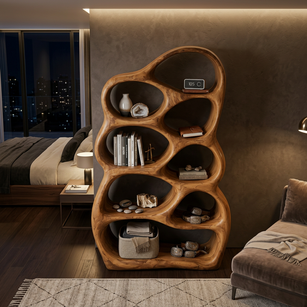 Artistic Sculptural Wood Bookshelf With Multi Tiers For Living Room