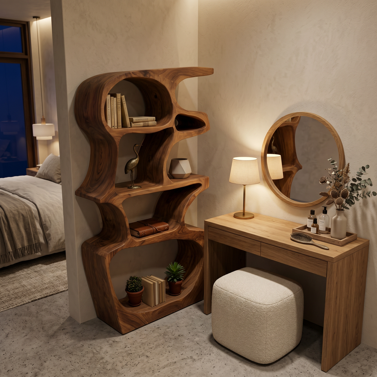 Artistic Bookshelf With Sculptural Open Shelves For Home Styling