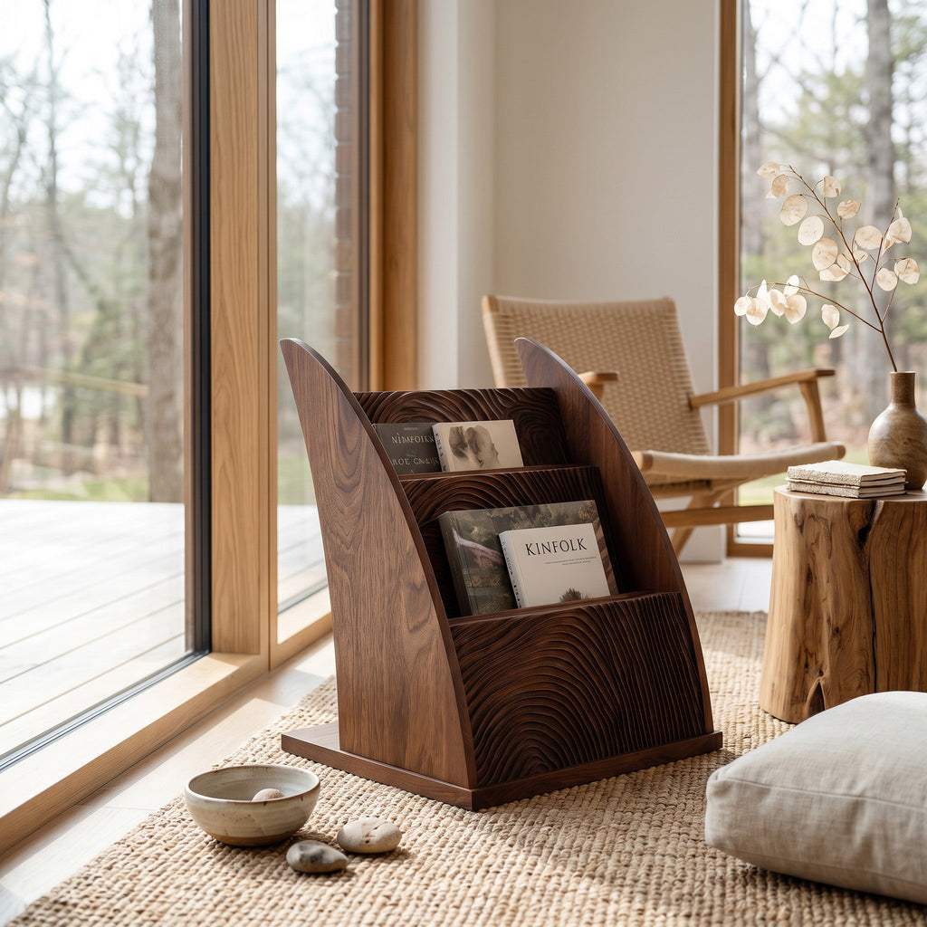 Contemporary Carved Wood Magazine Rack For Reading Corner