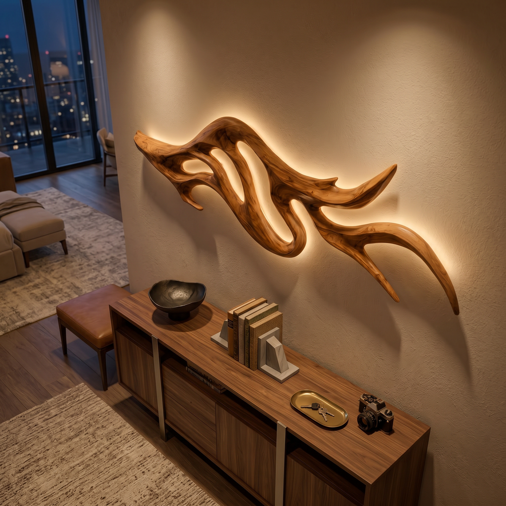 Artistic Wood LED Wall Sculpture With Sculptural Form For Bedroom