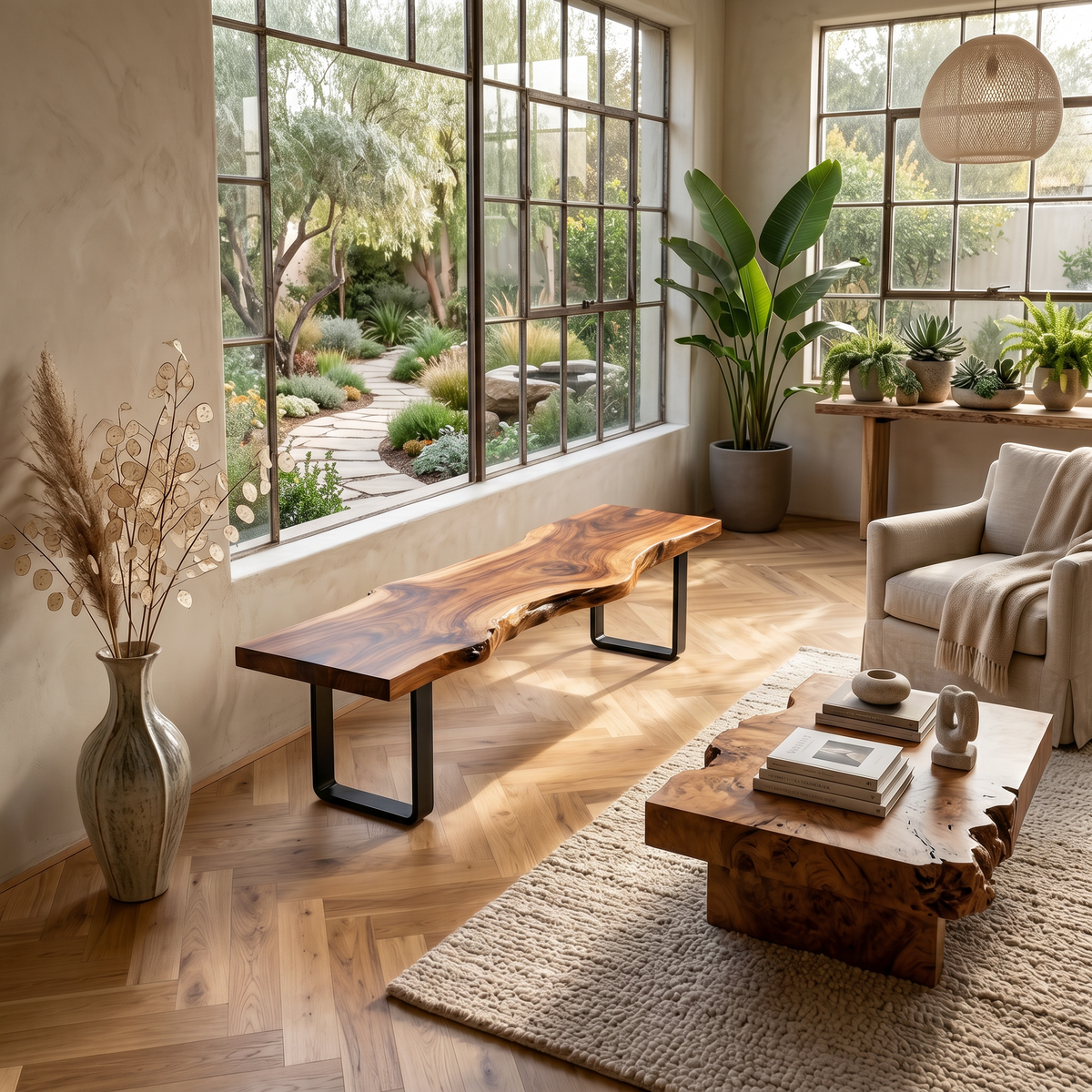 Contemporary Live Edge Long Bench For Sunroom Interior Area