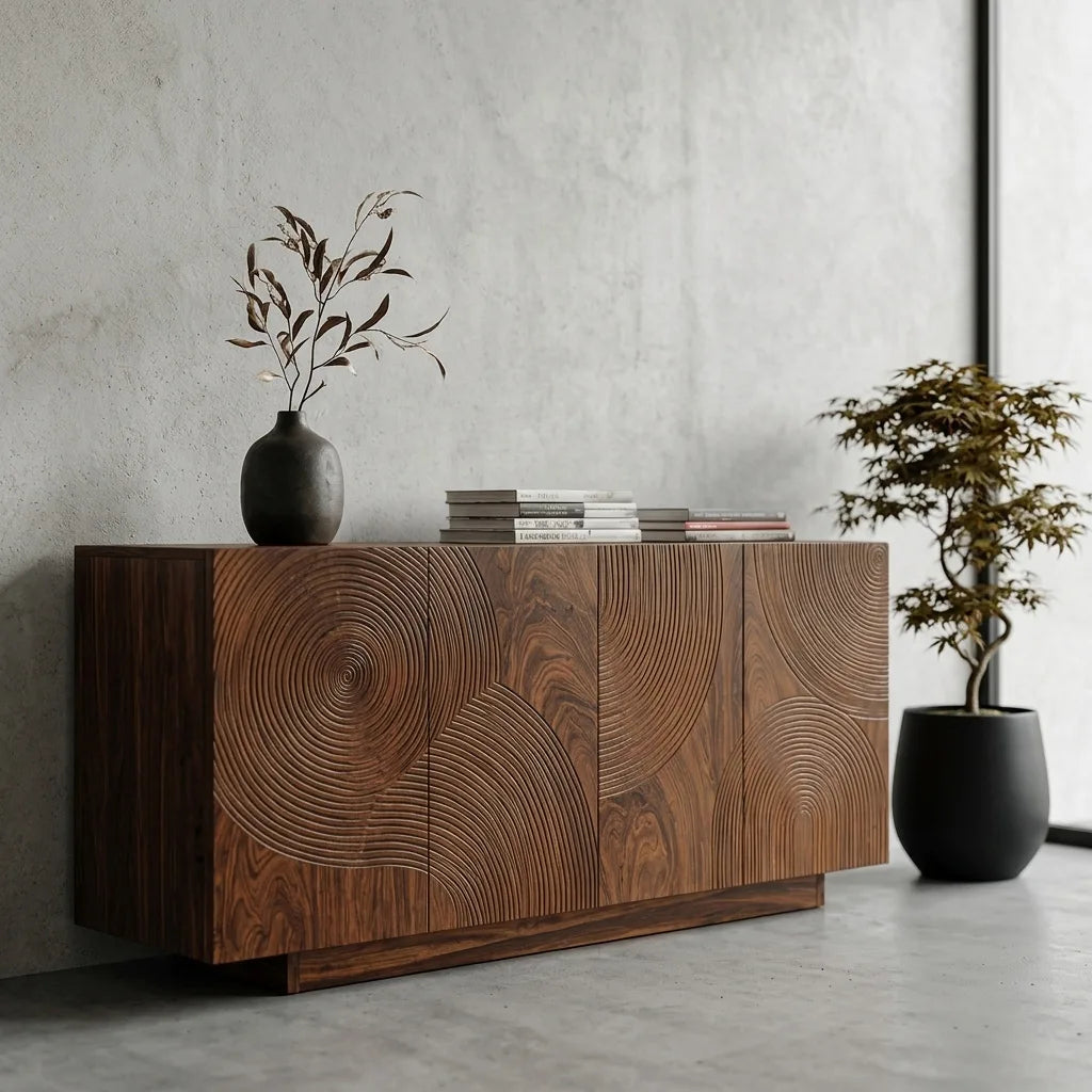 Contemporary Circular Ripple Carved Sideboard For Entryway