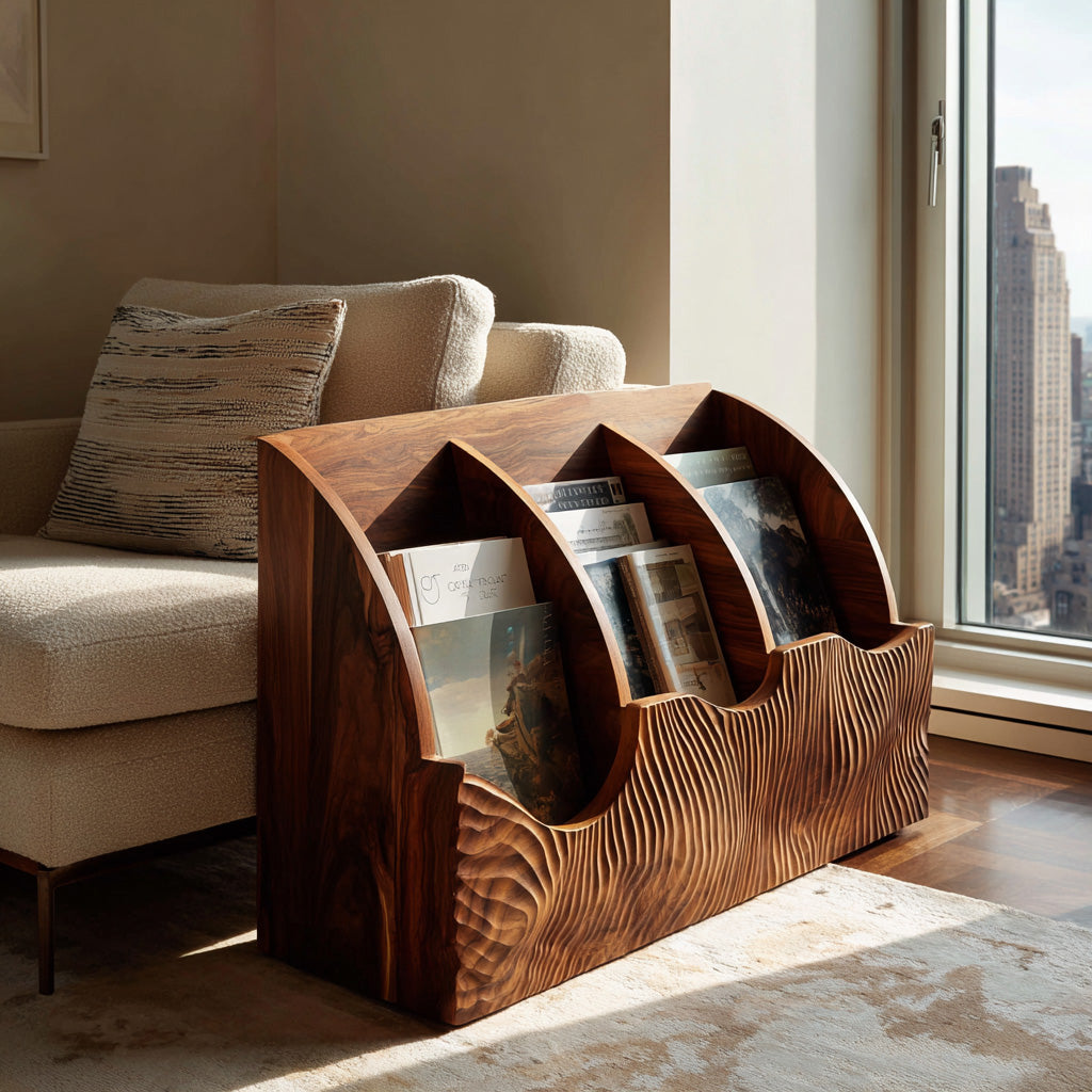 Contemporary Carved Curved Wood Magazine Rack For Living Room