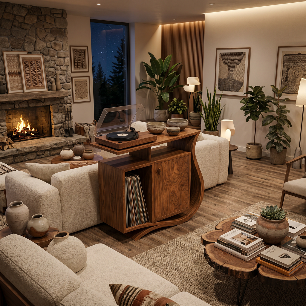 Contemporary Record Player Stand With Asymmetrical Form For Living Room