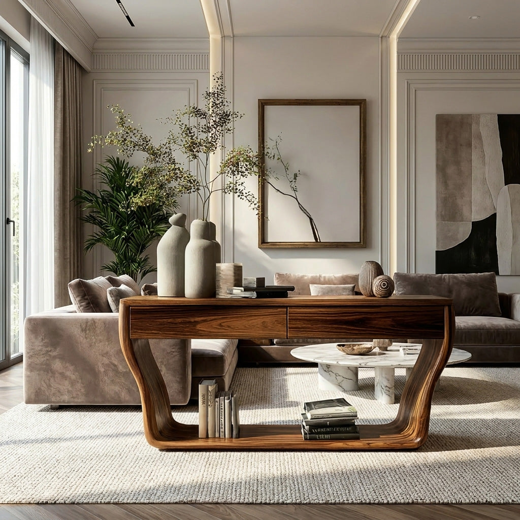 Contemporary Natural Wood Console Table With Two Drawers For Entryway