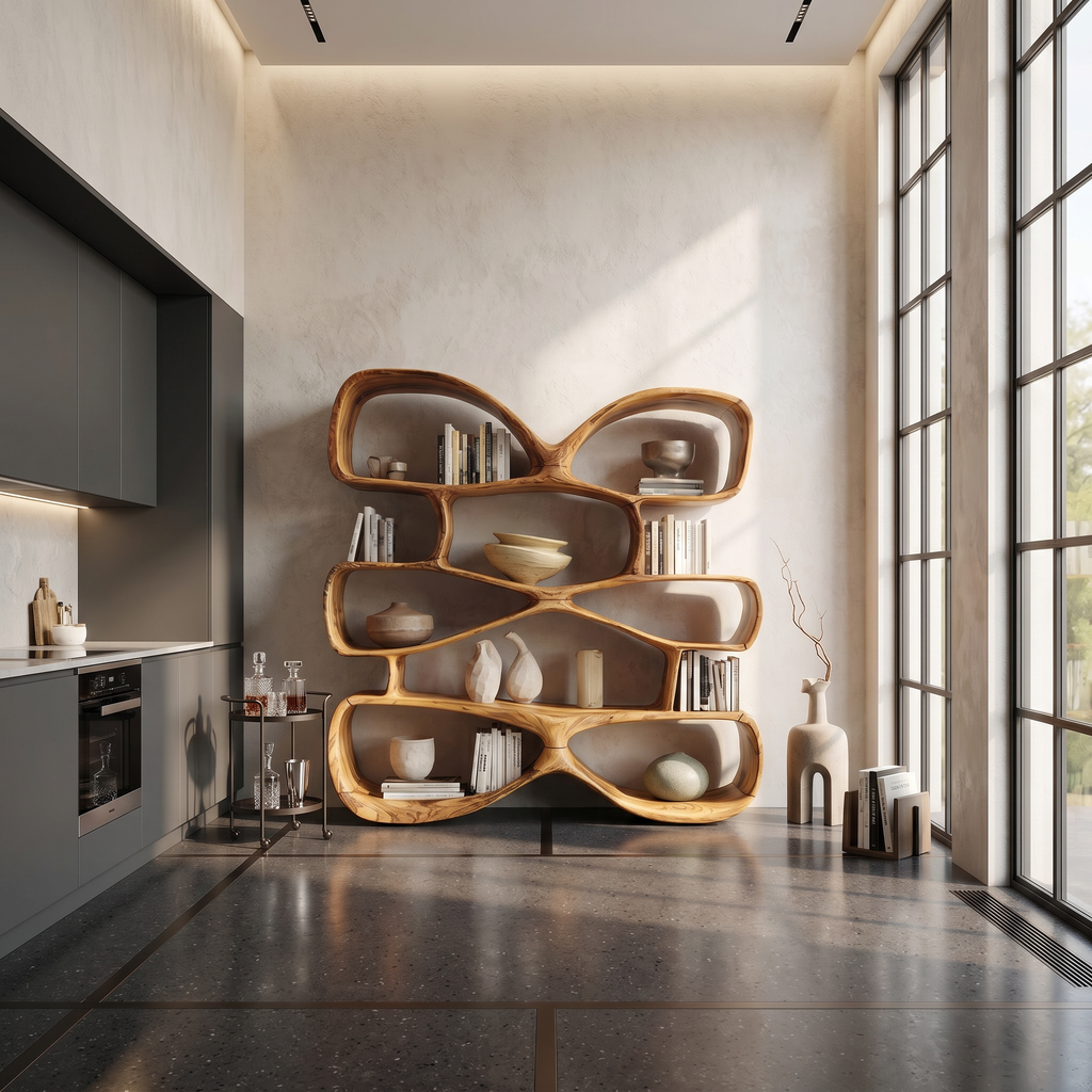 Contemporary Biomorphic Wooden Bookshelf In Fluid Design