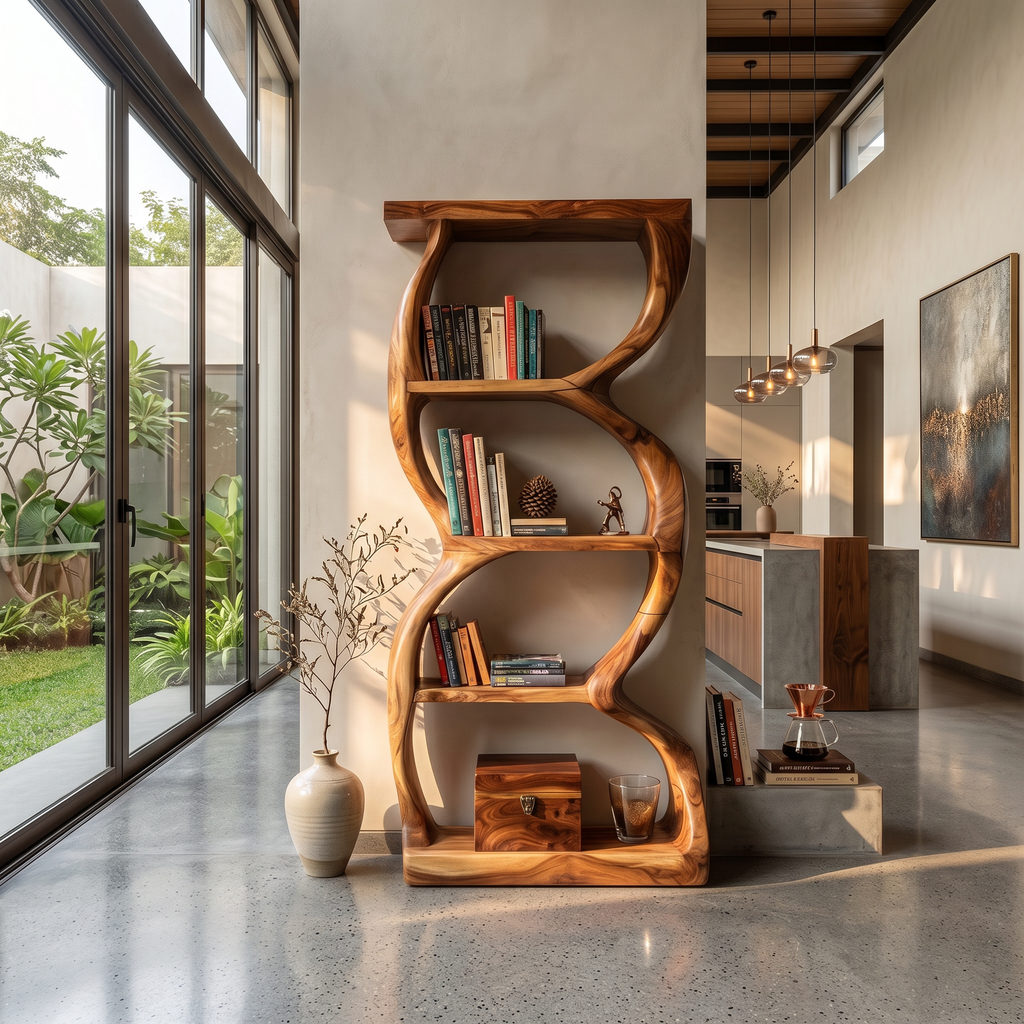 Coastal Inspired Curved Wooden Bookcase With Organic Form