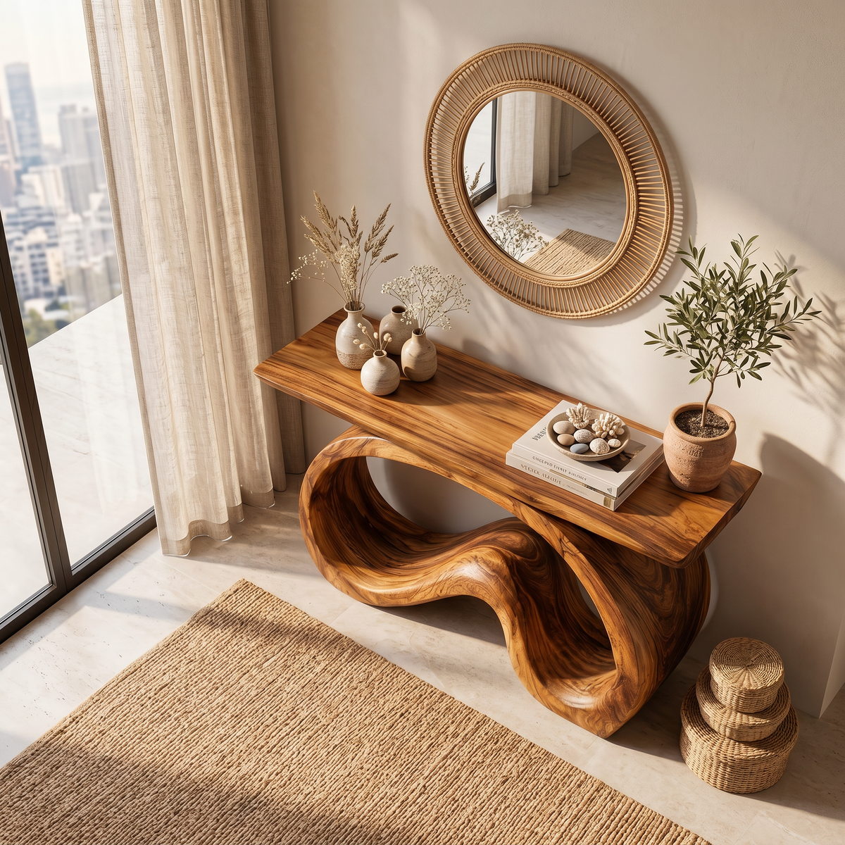 Artistic Wooden Console Table With Flowing Wood Base For Living