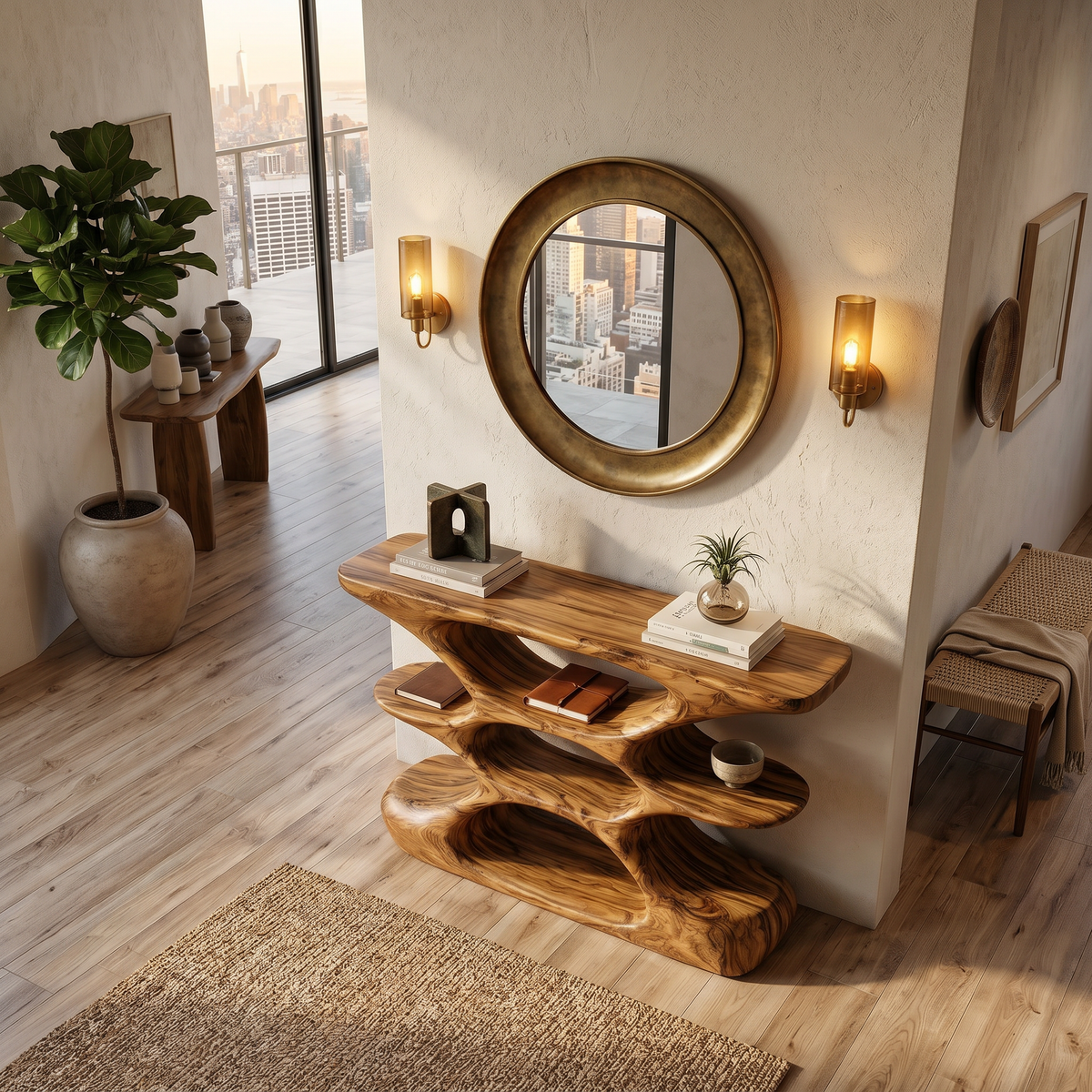 Contemporary Sculptural Wood Console Table With Cutout Shelves For Living