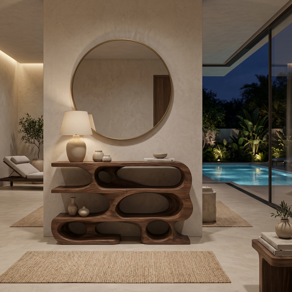 Contemporary Console Table With Multi Level Open Shelves For Living