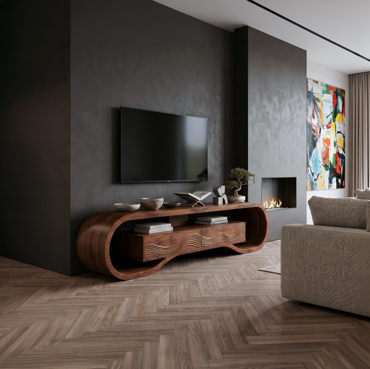 Contemporary Curved Wooden TV Stand For Luxury Interiors