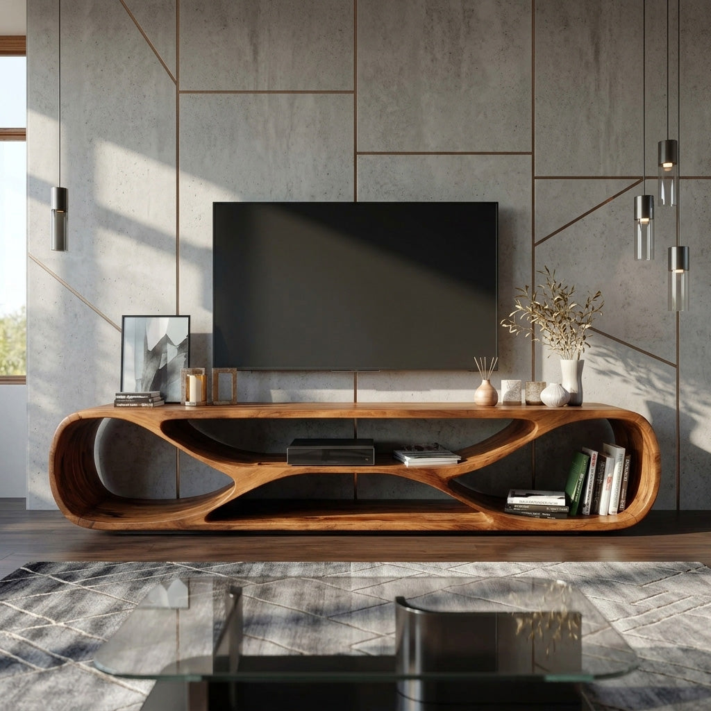 Contemporary Curved Wood TV Stand For Modern Living Room